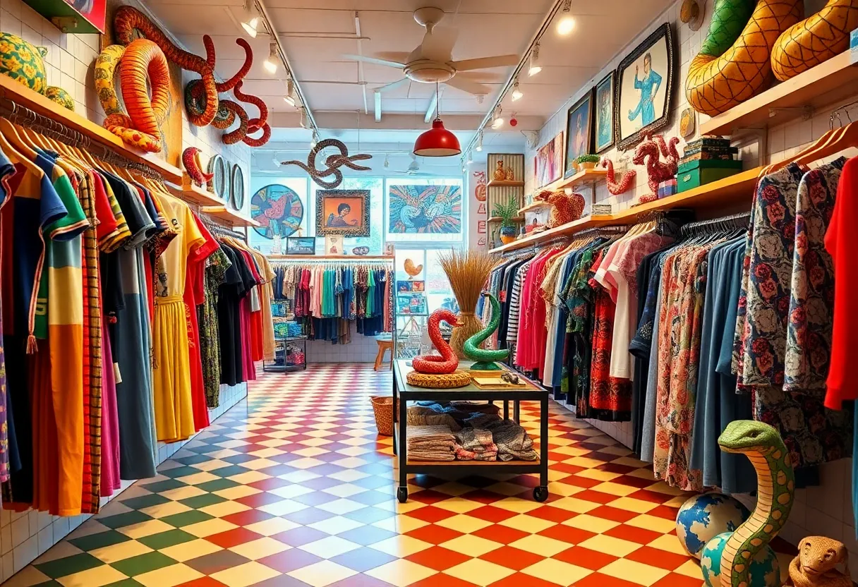 Vibrant interior of Pretty Snake clothing store with colorful designs and snake-themed decor.