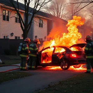 Firefighters extinguishing a car fire in Providence