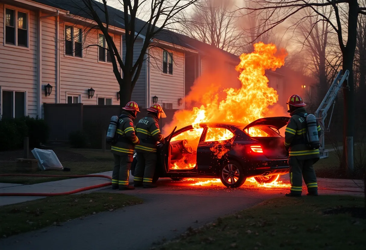 Firefighters extinguishing a car fire in Providence