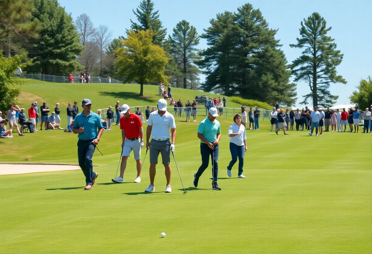 Collegiate golf team practicing on a sunny day at a golf course