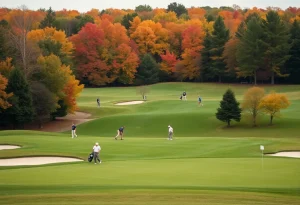 Image of Providence College men's golf team at a tournament, with a scenic golf course in the background