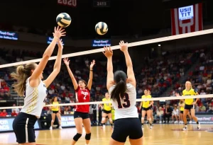 Providence College women's volleyball team in action during a match