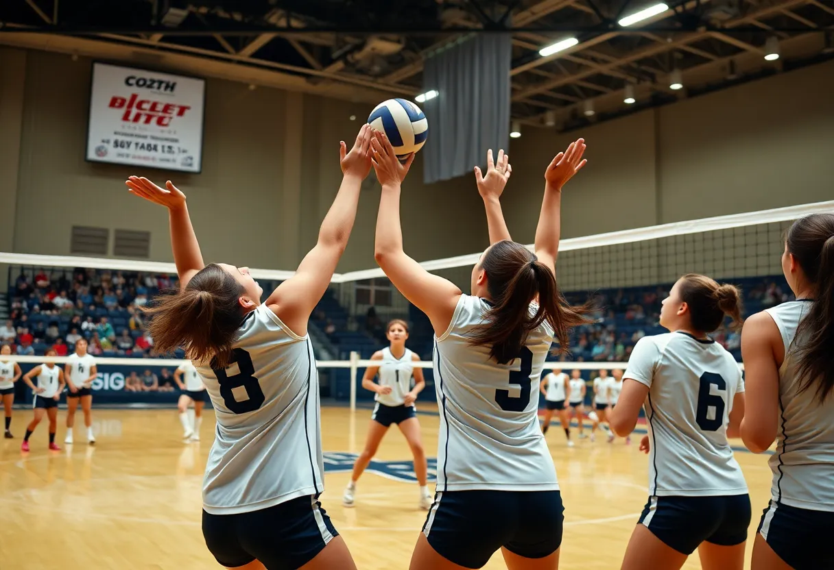 Providence College women's volleyball team in action during match