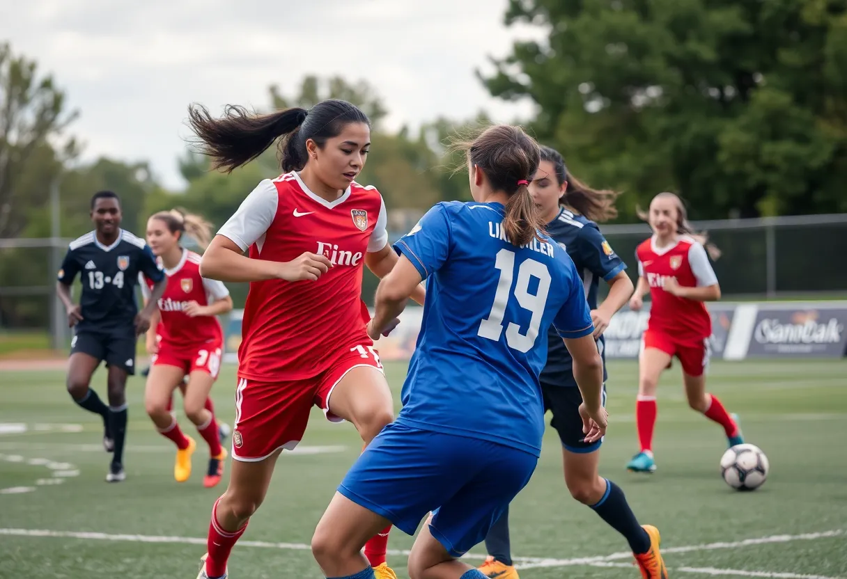 Collegiate soccer teams in action during a match.