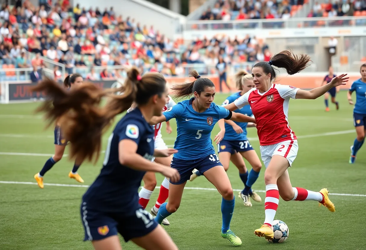 Women soccer players competing on the field during a match