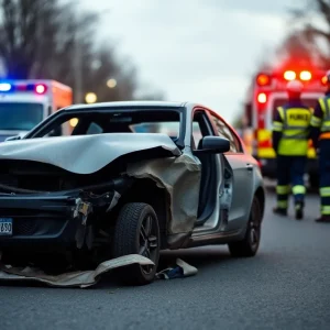 Damaged vehicle on street surrounded by emergency responders.