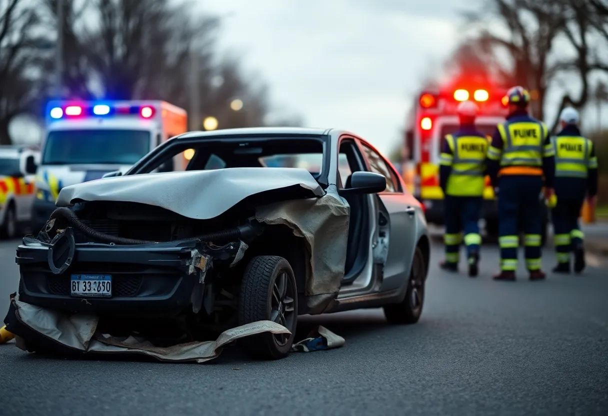 Damaged vehicle on street surrounded by emergency responders.