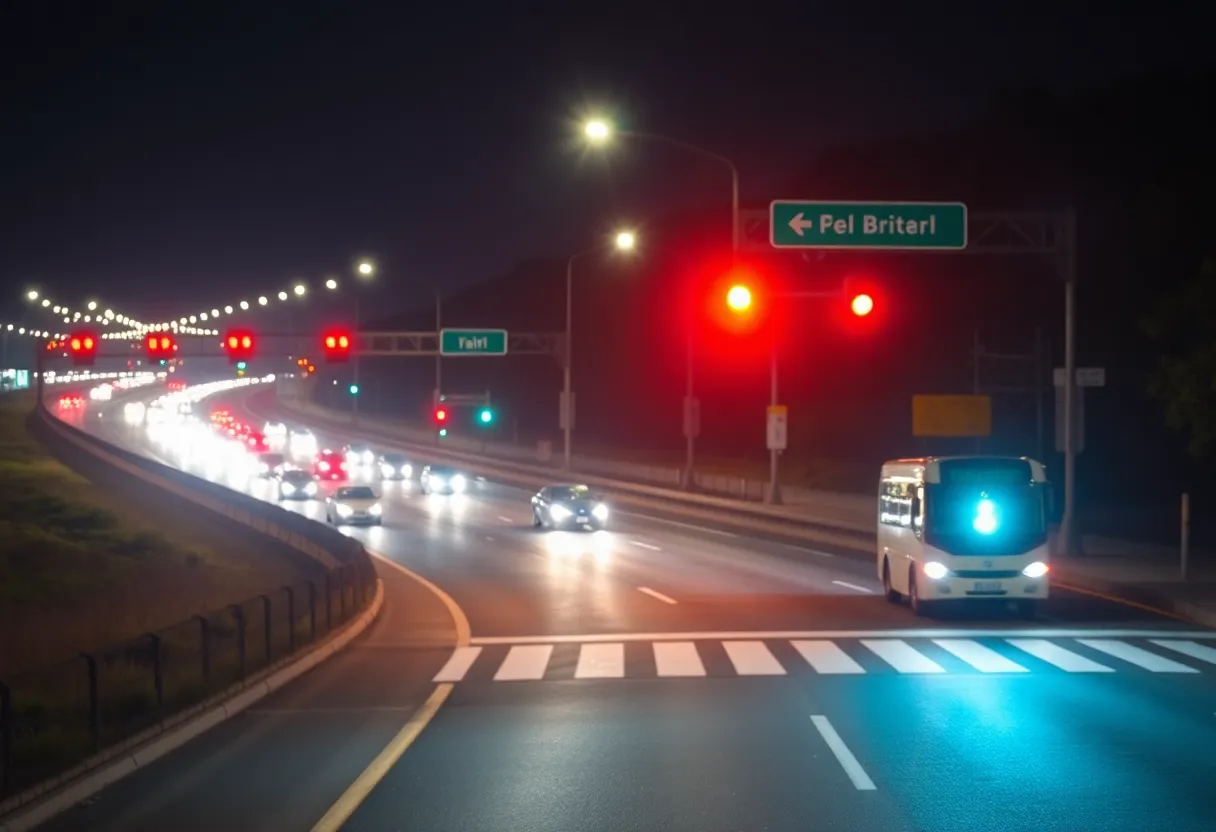 Night view of a busy Providence highway with vehicles and traffic lights