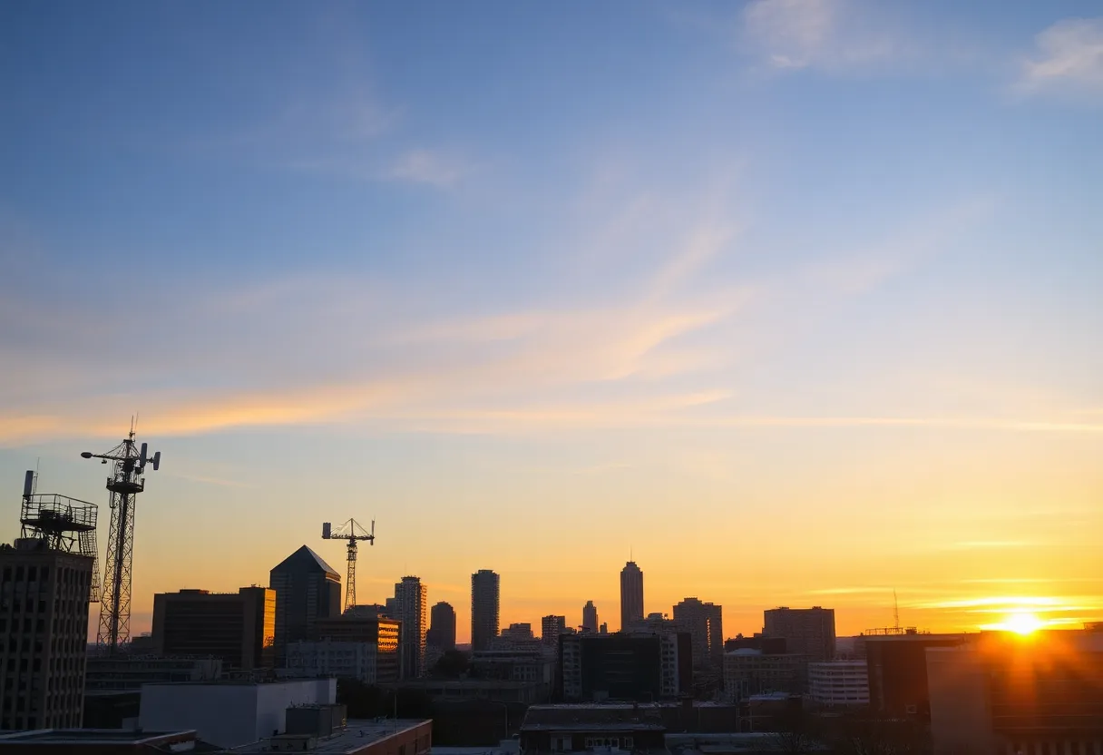 Skyline view of Providence, Rhode Island with broadcasting towers.