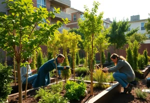 Community members planting trees in Providence's microforest