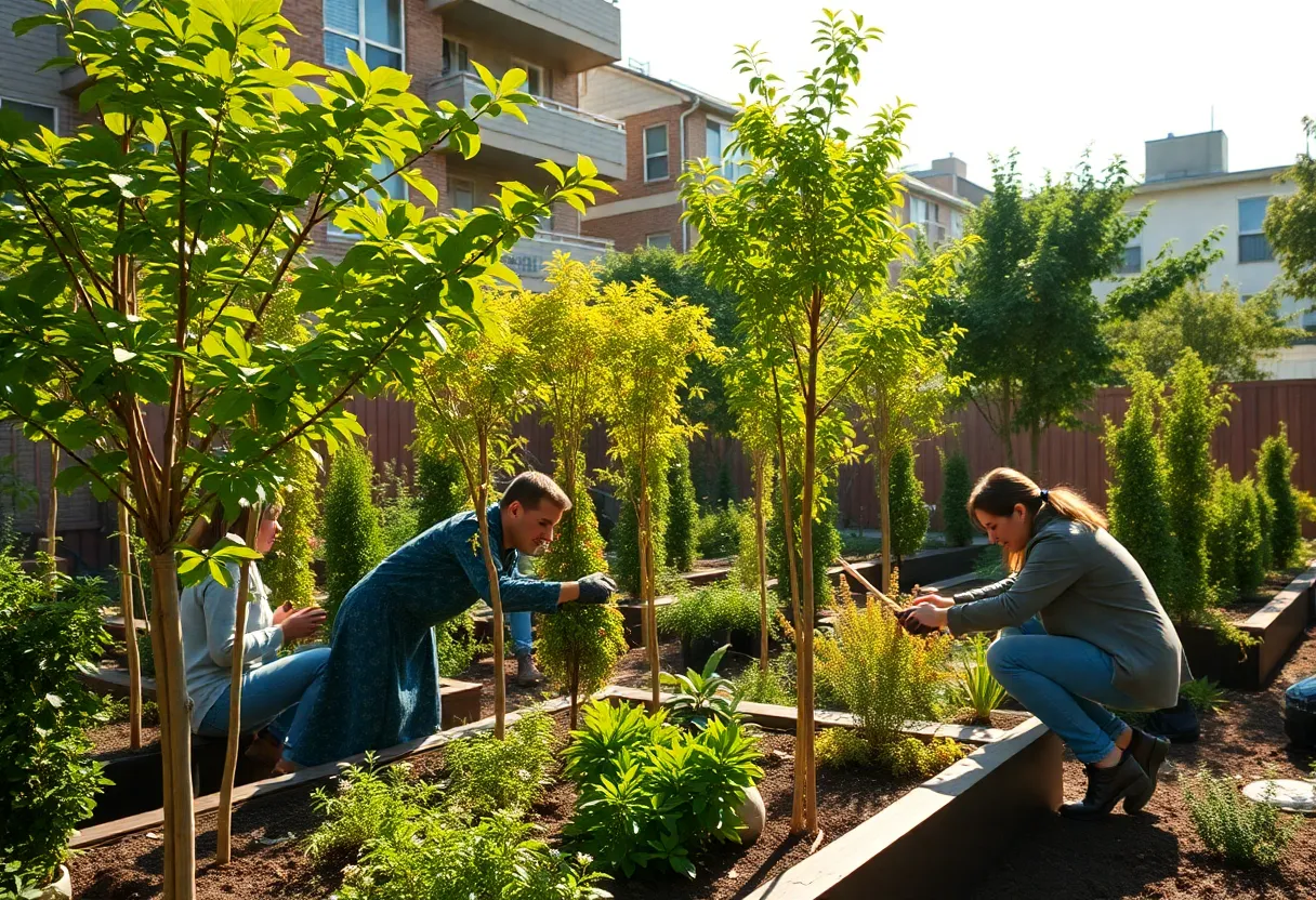 Community members planting trees in Providence's microforest