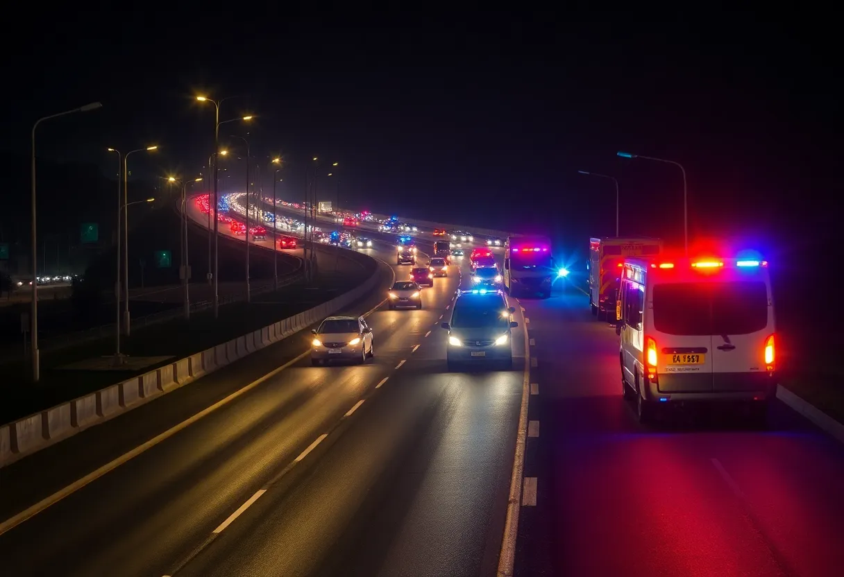 Emergency responders at the scene of a pedestrian accident on a highway