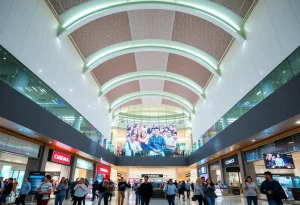A modern shopping mall featuring a cinema.