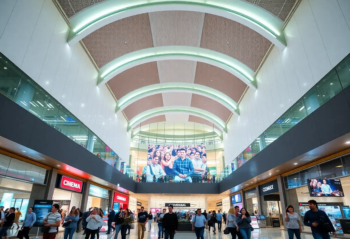 A modern shopping mall featuring a cinema.