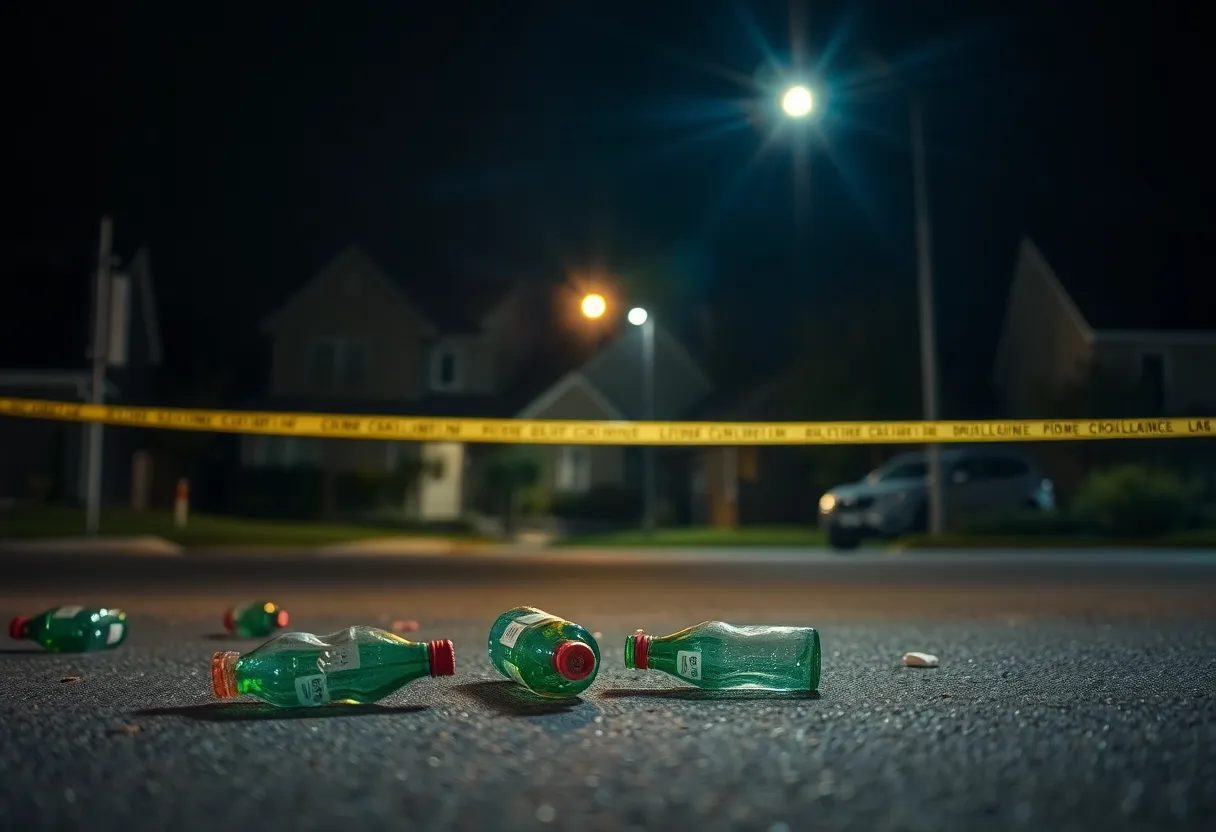 Crime scene with police lights and broken bottles