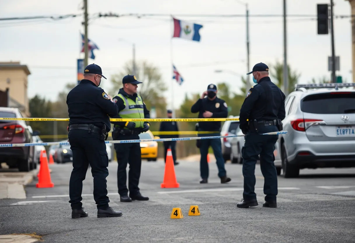 Police officers investigating a scene in Providence after stabbing incidents.