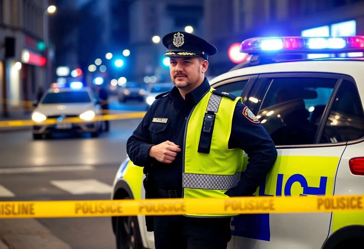 Police officer examining evidence related to firearm and drug arrests