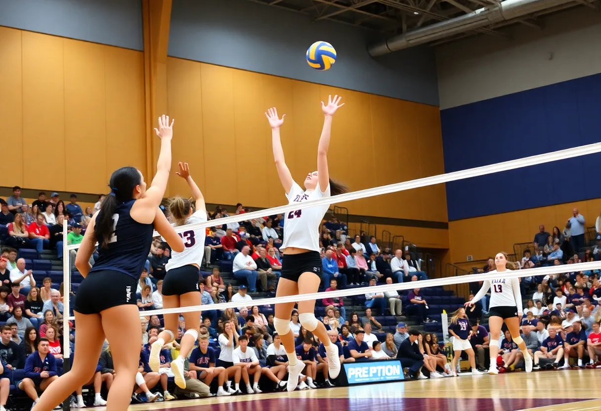 Collegiate volleyball players in action during a match
