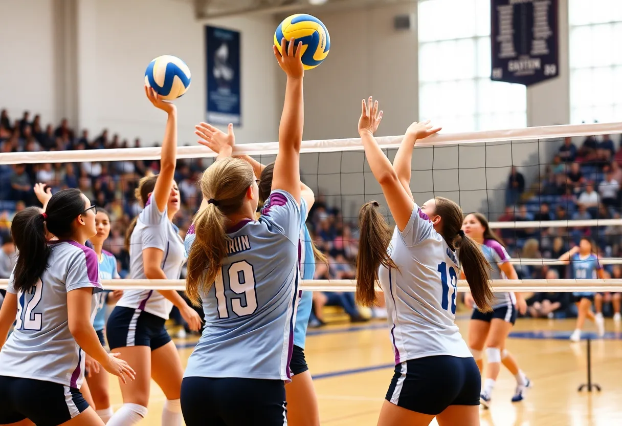 Action shot of Providence College women's volleyball team during a match