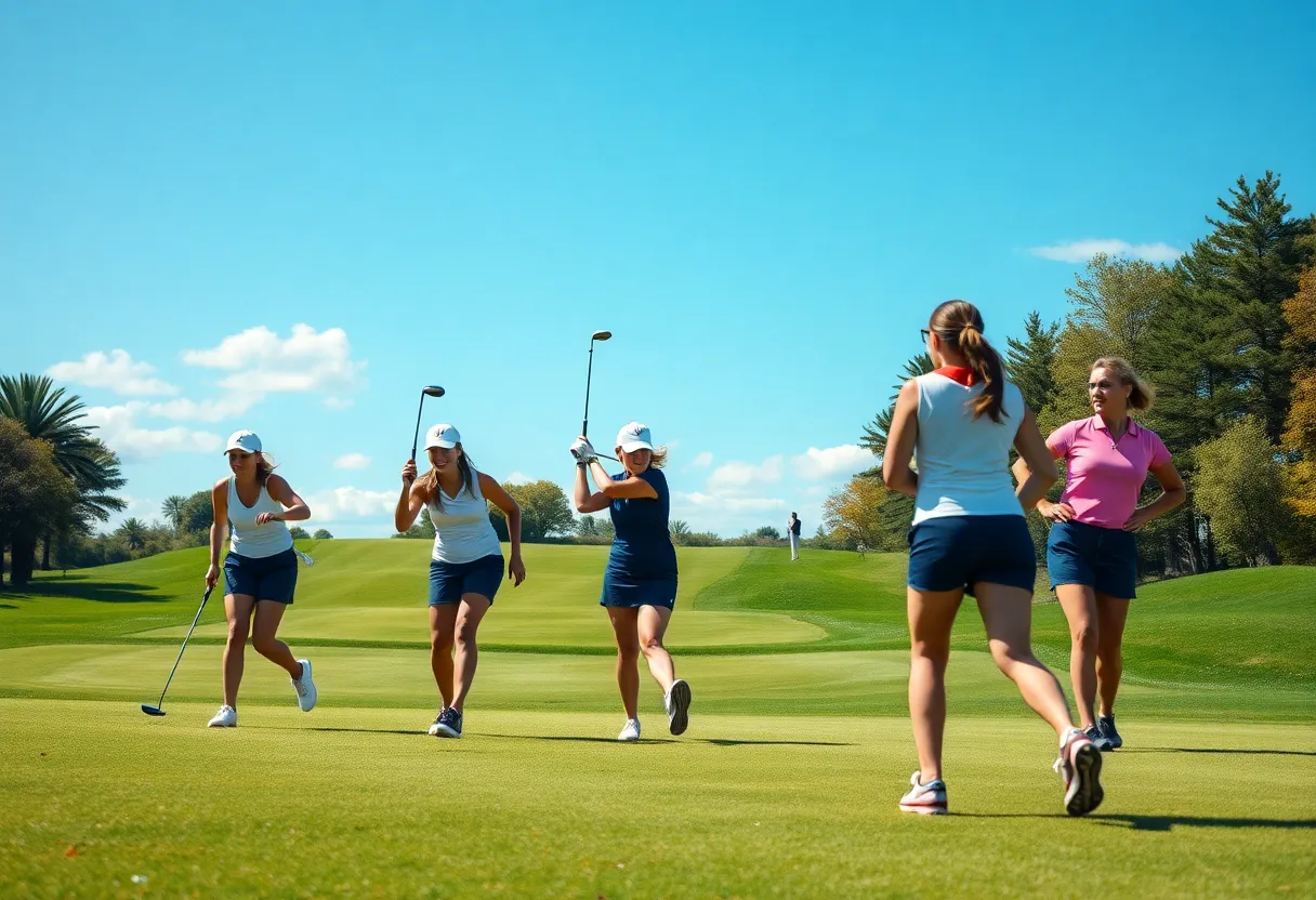 Women golfers from Providence College competing on a golf course