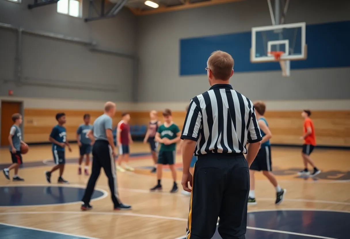 Youth basketball game showing referee and players