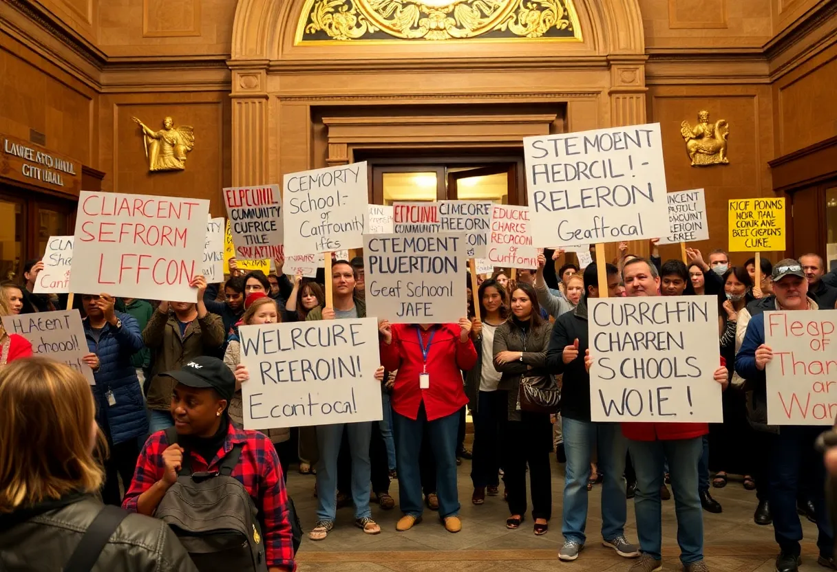 Protest at Providence City Hall advocating for charter schools.