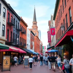 Crowd enjoying a cultural street scene in Providence with historic buildings and restaurants.