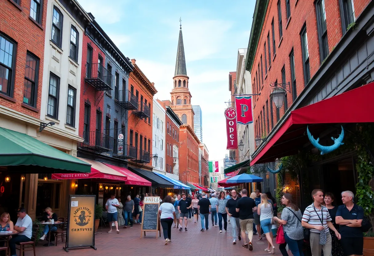 Crowd enjoying a cultural street scene in Providence with historic buildings and restaurants.
