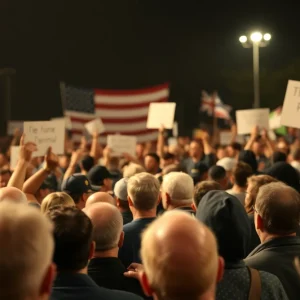 Crowd at a political rally reacting to an emergency situation.