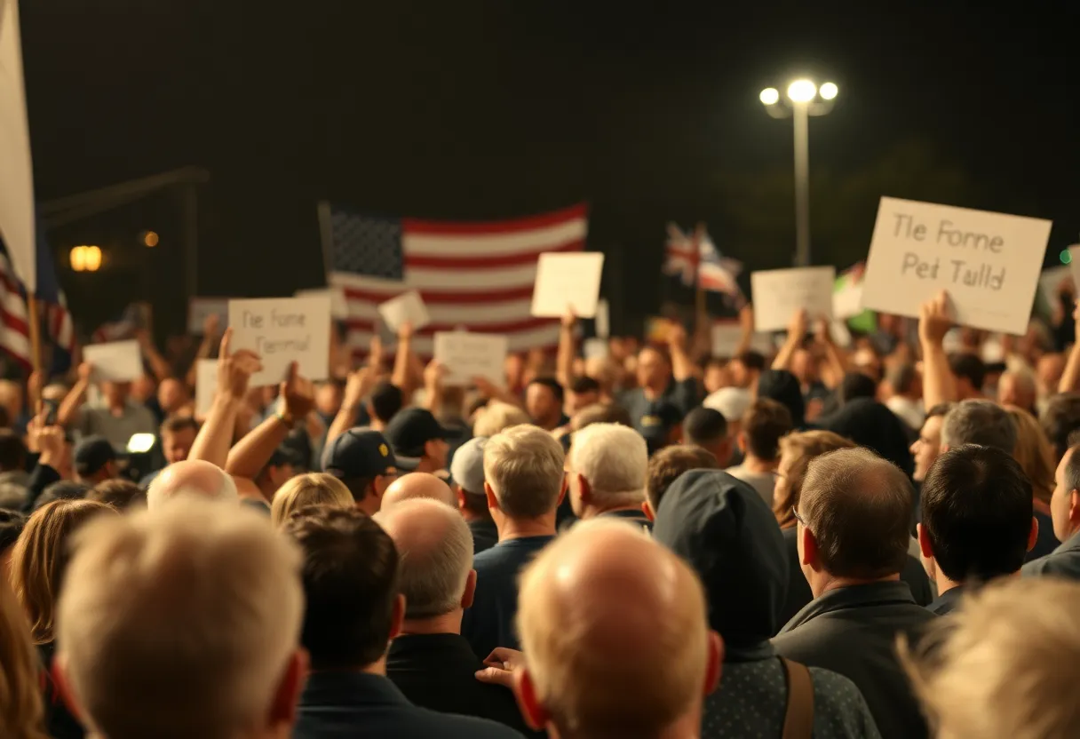 Crowd at a political rally reacting to an emergency situation.