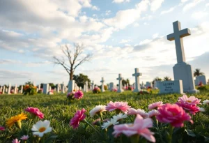 A peaceful cemetery with flowers in memory of a loved one.