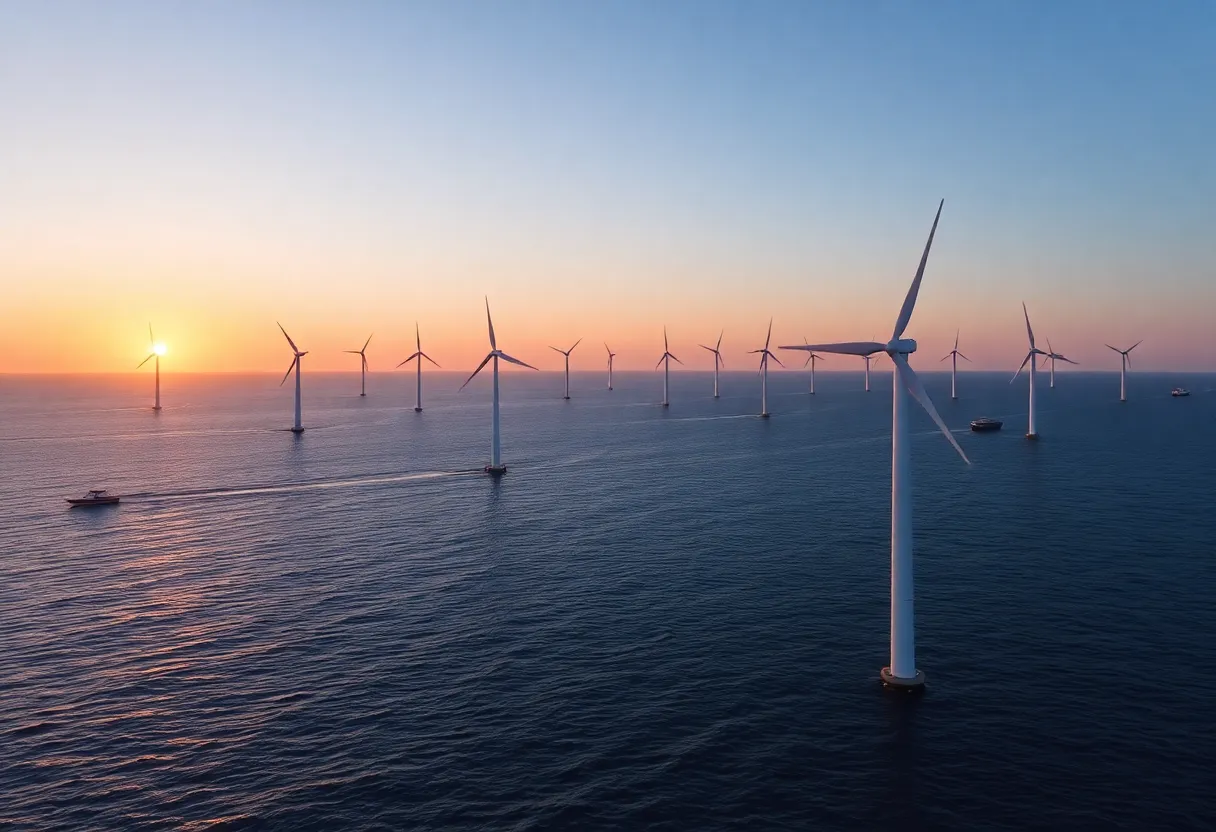 Aerial view of the Revolution Wind project showcasing offshore wind turbines.