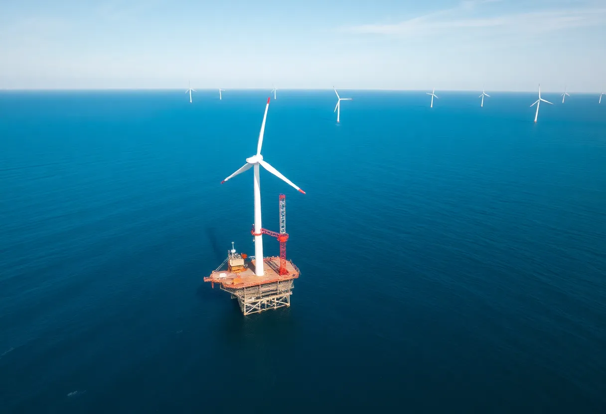 Offshore wind farm with turbines in the ocean