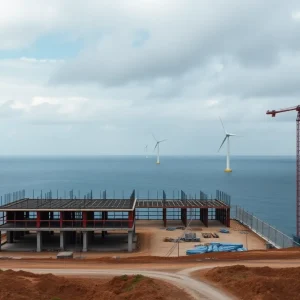 Construction site of Revolution Wind project halted with wind turbines visible.