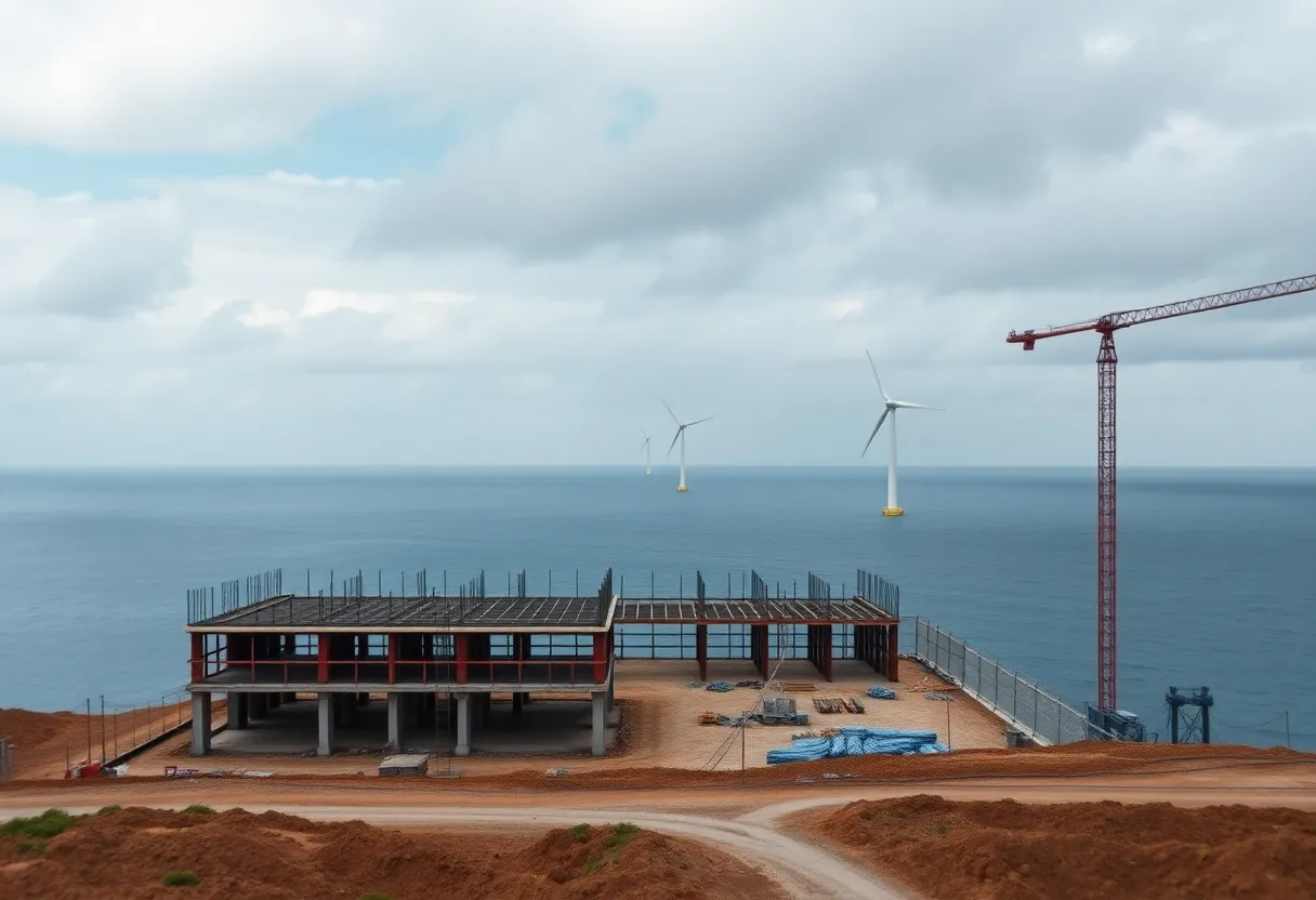 Construction site of Revolution Wind project halted with wind turbines visible.