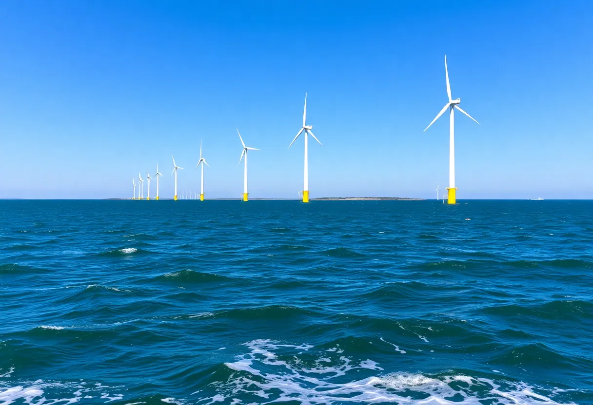Offshore wind farm located in Rhode Island with multiple wind turbines.