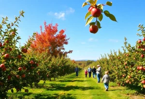 Families picking apples in a beautiful Rhode Island orchard in the fall.