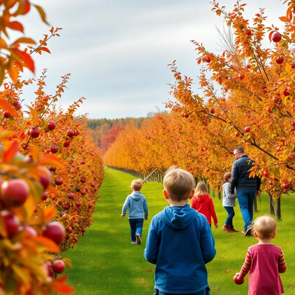 Families picking apples in a Rhode Island orchard during the fall season.