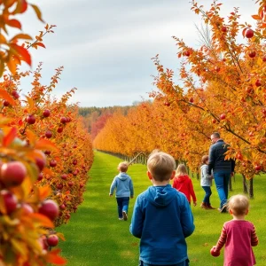 Families picking apples in a Rhode Island orchard during the fall season.
