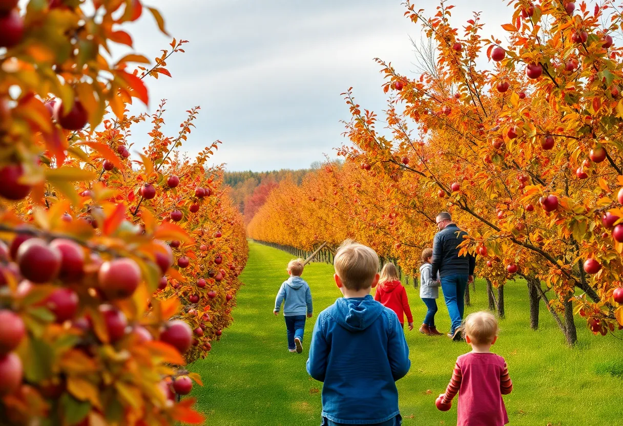 Families picking apples in a Rhode Island orchard during the fall season.