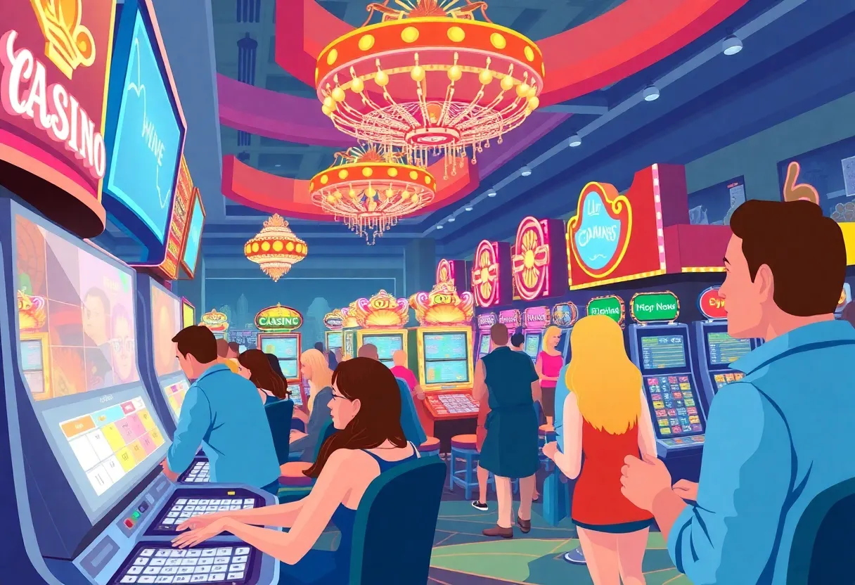 Illustration of a lively casino environment in Rhode Island showing both online and live gaming activities.
