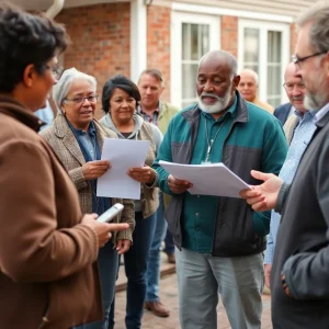 Diverse residents of Rhode Island discussing local economic challenges.