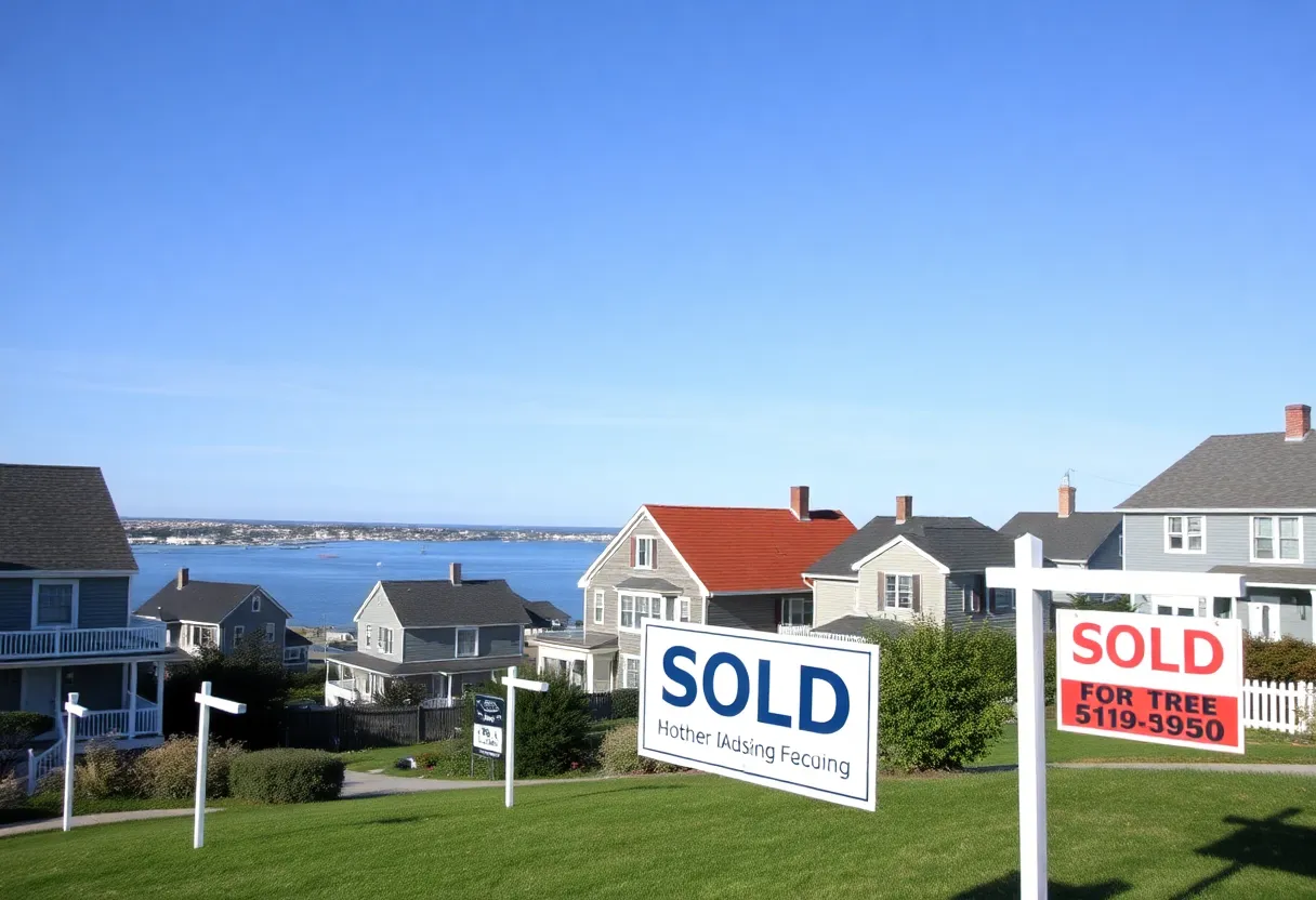 Rhode Island homes with sold signs in a coastal area