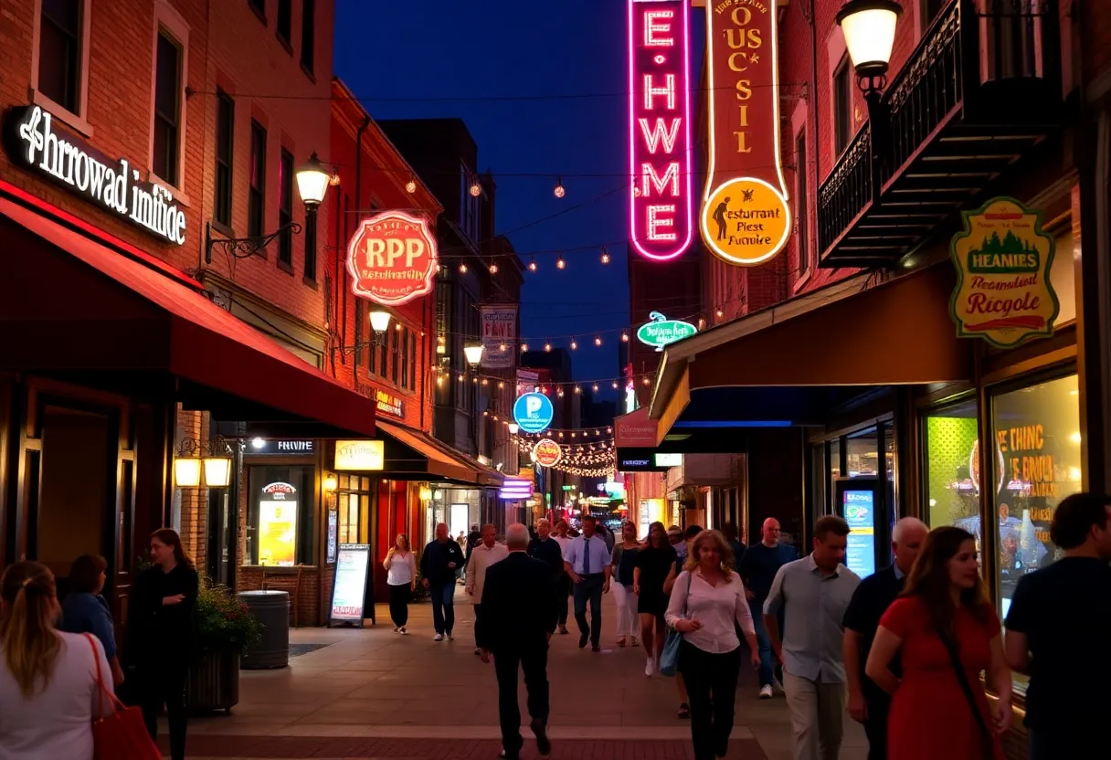 A lively nightlife scene in Rhode Island featuring bars and restaurants filled with patrons.