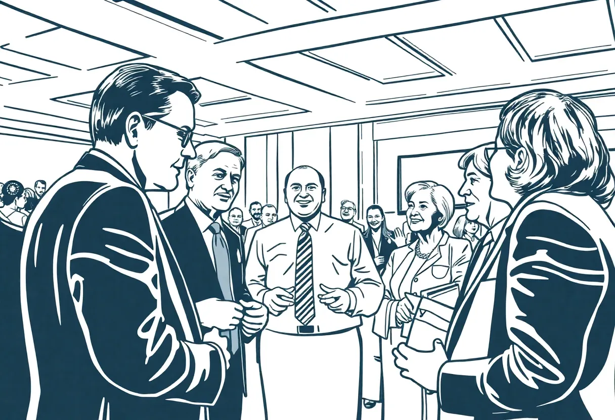 Group of people engaging in political discussions at an event in Rhode Island
