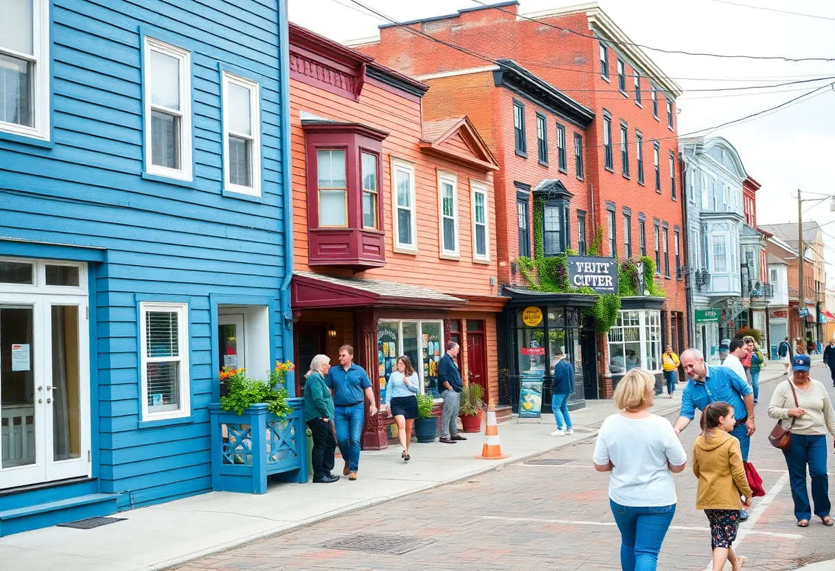 A bustling Rhode Island neighborhood with real estate signs and activity.