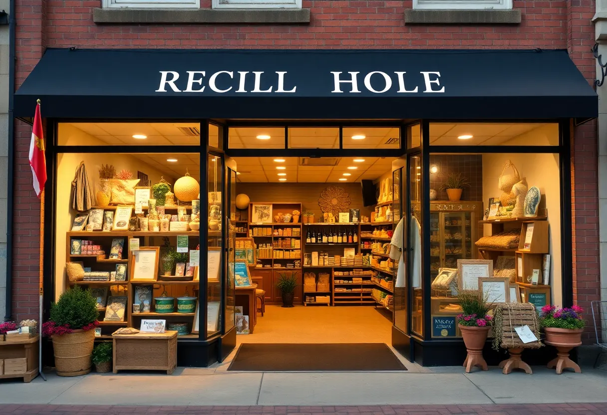 A storefront of a retail business in Rhode Island displaying various products.