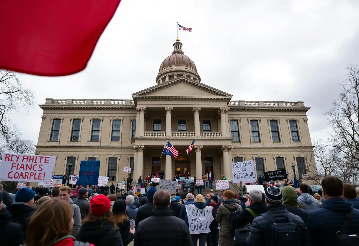 Crowd outside Rhode Island State House advocating for leadership changes