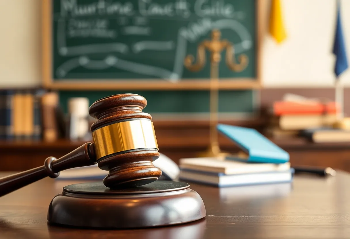A gavel and educational elements in a courtroom setting