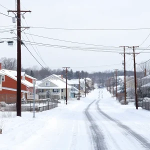Winter in Rhode Island neighborhood with snow and utility poles